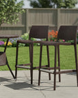 Set of Two 30" Brown Faux Rattan Heavy Duty Plastic Low Back Outdoor Bar Height Chairs