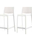 Set of Two 26" White Faux Rattan Heavy Duty Plastic Low Back Outdoor Counter Height Bar Chairs