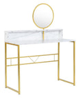 41" White And Gold Faux Marble and Steel Vanity Table with Mirror
