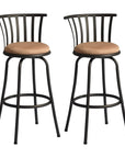 Set of Two 29" Brown And Black Microfiber And Fabric And Metal Low Back Bar Height Swivel Bar Chairs