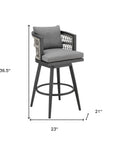37" Gray Metal Swivel Outdoor Counter Height Bar chair with Footrest