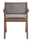 Set of Two Gray And Walnut Upholstery And Solid Wood Open Back Dining Arm Chairs