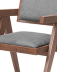 Set of Two Gray And Walnut Upholstery And Solid Wood Open Back Dining Arm Chairs