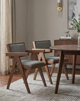 Set of Two Gray And Walnut Upholstery And Solid Wood Open Back Dining Arm Chairs