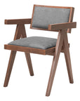 Set of Two Gray And Walnut Upholstery And Solid Wood Open Back Dining Arm Chairs