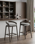 Set of Two 31" Gray And Espresso Fabric And Solid Wood Low Back Bar Height Bar Chairs
