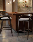 Set of Two 31" Gray And Espresso Fabric And Solid Wood Low Back Bar Height Bar Chairs