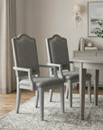Set of Two Gray Tufted Fabric And Solid Wood Dining Arm Chairs