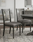 Set of Two Tan And Gray Linen And Solid Wood Open Back Dining Side Chairs