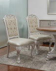Set of Two White Fabric And Faux Leather And Wood Floral Print Dining Side Chairs