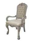 Set of Two Tufted White Upholstered Faux Leather And Wood Dining Arm Chairs