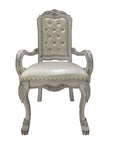 Set of Two Tufted White Upholstered Faux Leather And Wood Dining Arm Chairs