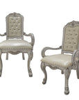 Set of Two Tufted White Upholstered Faux Leather And Wood Dining Arm Chairs