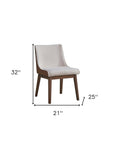 Set of Two White Brown And Walnut Boucle And Velvet And Solid Wood Dining Side Chairs