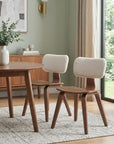 Set of Two Walnut And White Boucle And Solid Wood Curved Back Dining Side Chairs