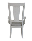 Set of Two Light Gray and White Upholstered Linen And Solid Wood Open Back Dining Arm Chairs