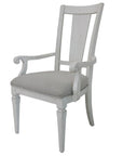 Set of Two Light Gray and White Upholstered Linen And Solid Wood Open Back Dining Arm Chairs