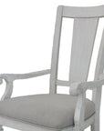 Set of Two Light Gray and White Upholstered Linen And Solid Wood Open Back Dining Arm Chairs