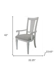 Set of Two Light Gray and White Upholstered Linen And Solid Wood Open Back Dining Arm Chairs