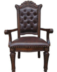 Set of Two Tufted Brown and Redwood Upholstered Faux Leather And Solid Wood Dining Arm Chairs