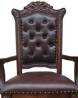 Set of Two Tufted Brown and Redwood Upholstered Faux Leather And Solid Wood Dining Arm Chairs