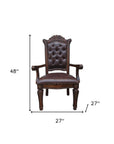 Set of Two Tufted Brown and Redwood Upholstered Faux Leather And Solid Wood Dining Arm Chairs