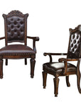 Set of Two Tufted Brown and Redwood Upholstered Faux Leather And Solid Wood Dining Arm Chairs