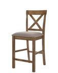 Set of Two 26" Tan And Oak Linen And Solid Wood Counter Height Bar Chairs