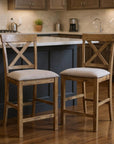 Set of Two 26" Tan And Oak Linen And Solid Wood Counter Height Bar Chairs