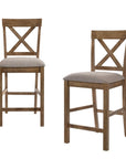 Set of Two 26" Tan And Oak Linen And Solid Wood Counter Height Bar Chairs