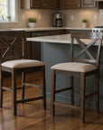 Set of Two 26" Tan And Oak Linen And Solid Wood Counter Height Bar Chairs