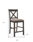 Set of Two 26" Tan And Oak Linen And Solid Wood Counter Height Bar Chairs