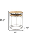 Set of Two Natural And Silver Solid Wood And Iron Round Frame Nested Tables