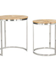 Set of Two Natural And Silver Solid Wood And Iron Round Frame Nested Tables