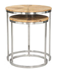 Set of Two Natural And Silver Solid Wood And Iron Round Frame Nested Tables