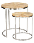 Set of Two Natural And Silver Solid Wood And Iron Round Frame Nested Tables