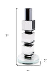 7" Silver Clear And Black Block And Cylinder Crystal Tabletop Taper Candlestick