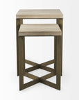 Set of Two Natural and Gold Solid Wood and Metal Square Cross Legs Nested Tables