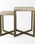 Set of Two Natural and Gold Solid Wood and Metal Square Cross Legs Nested Tables