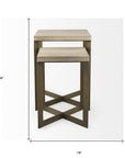 Set of Two Natural and Gold Solid Wood and Metal Square Cross Legs Nested Tables