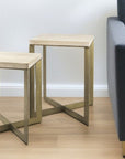 Set of Two Natural and Gold Solid Wood and Metal Square Cross Legs Nested Tables