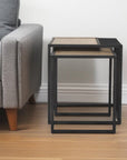 Set of Two Natural and Black Solid Wood and Metal Square Sled Nested Tables