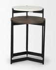 Set of Two Dark Brown and Black Marble Solid Wood and Metal Round Nested Tables