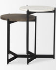 Set of Two Dark Brown and Black Marble Solid Wood and Metal Round Nested Tables