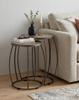 Set of Two Natural and Silver Solid Wood and Iron Round Frame Nested Tables