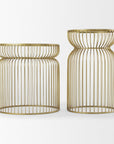 Set of Two Clear and Gold Tempered Glass and Metal Wire Round Drum End Tables