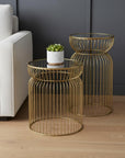 Set of Two Clear and Gold Tempered Glass and Metal Wire Round Drum End Tables