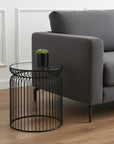 Set of Two Clear and Black Tempered Glass and Metal Wire Round Drum End Tables