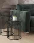 Set of Two Clear and Black Tempered Glass and Metal Wire Round Drum End Tables