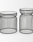 Set of Two Clear and Black Tempered Glass and Metal Wire Round Drum End Tables